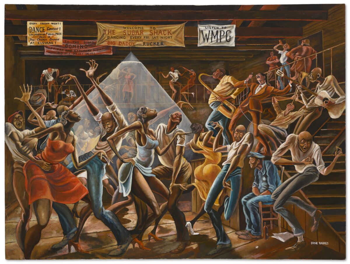 A colorful painting showing more than a dozen Black dancers