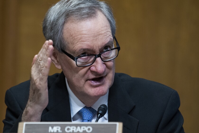 Sen. Mike Crapo, R-Idaho, speaks during a Senate Finance Committee hearing on the IRS budget request on Capitol Hill in Washington, Tuesday, June 8, 2021. (Tom Williams/Pool via AP)
