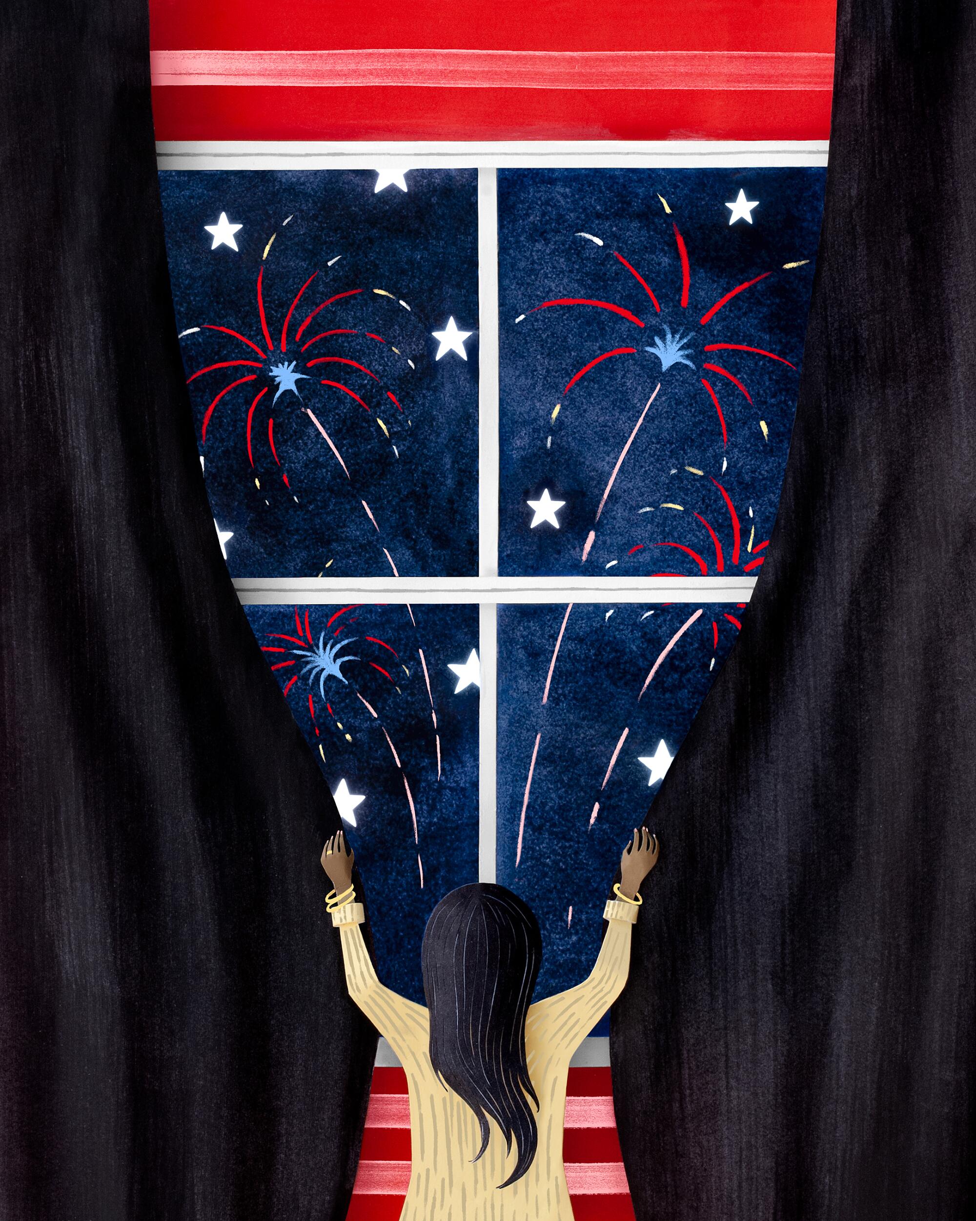 Illustration of a woman closing dark curtains on a scene of red white and blue fireworks outside the window