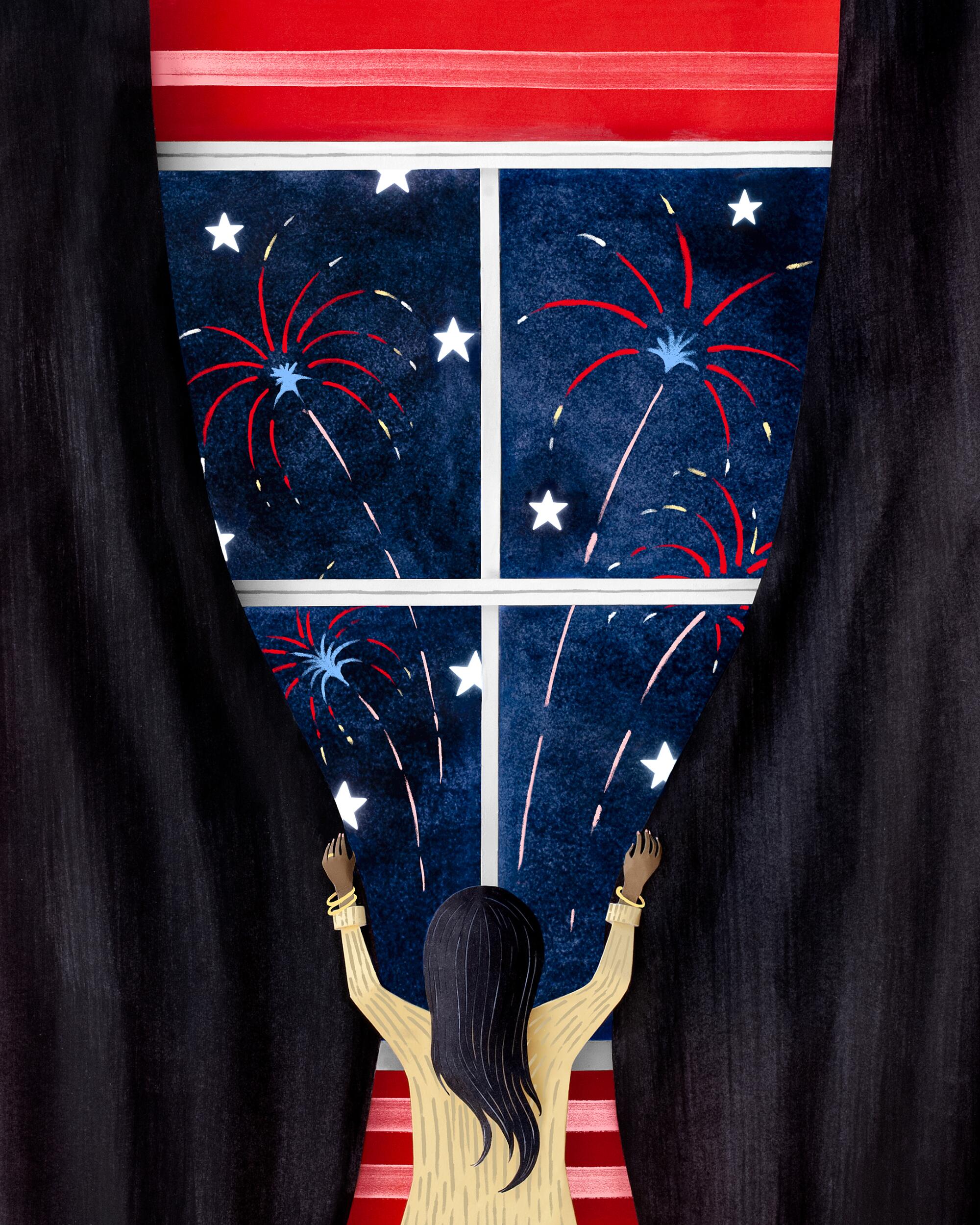 Illustration of a woman closing dark curtains on a scene of red white and blue fireworks outside the window
