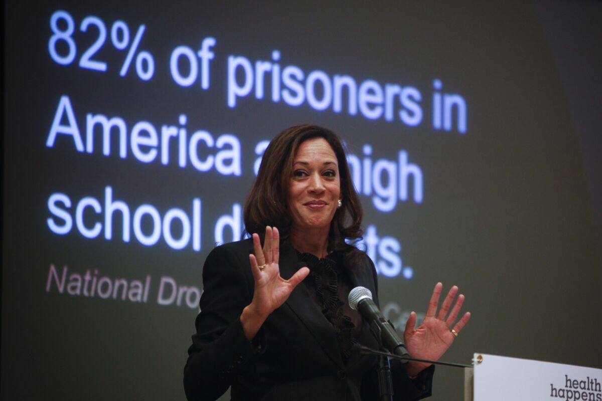 State Attorney General Kamala Harris shown last year discussing a report on truancy. On Monday she announced five bills that will implement the recommendations of the report.