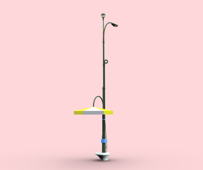 A variation of the new L.A. streetlight design, shown with bench seat and shade umbrella