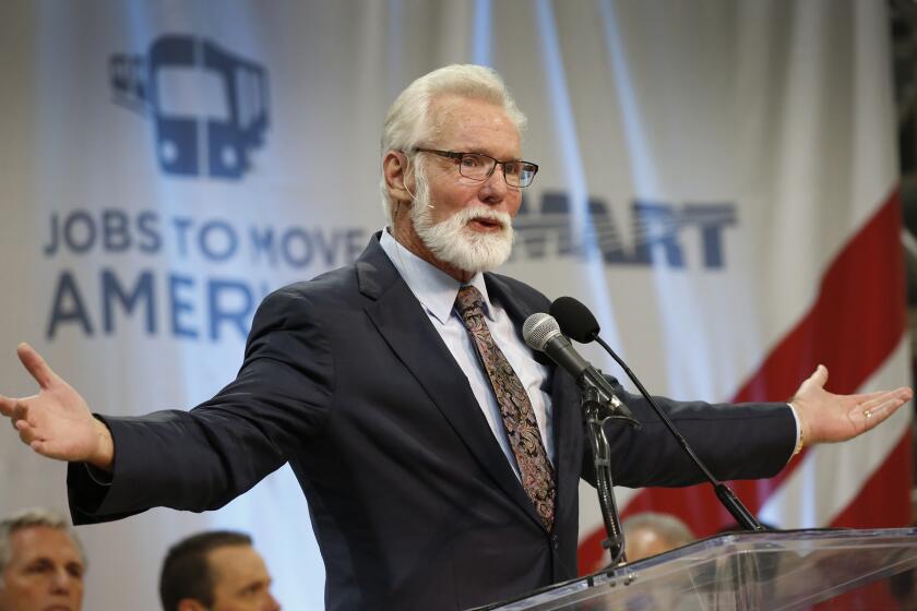 LANCASTER, CA - OCTOBER 06, 2017 - Lancaster Mayor R. Rex Parris makes welcome remarks for the opening ceremonies at the BYD coach and bus expansion grand opening of its Lancaster facility on Friday October 06, 2017. (Al Seib / Los Angeles Times)