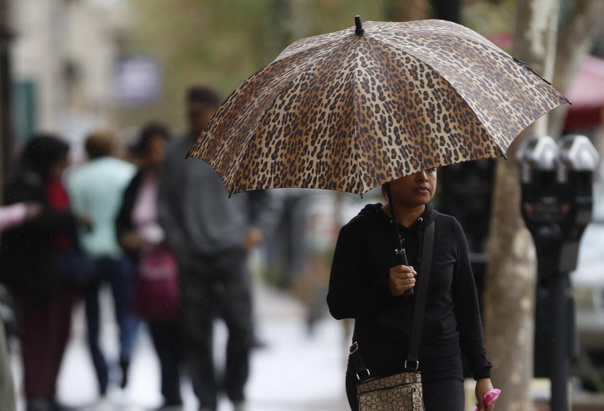 Keisha Flores holds her umbrella while she shops on Fourth Street in Santa Ana during light rain Monday.