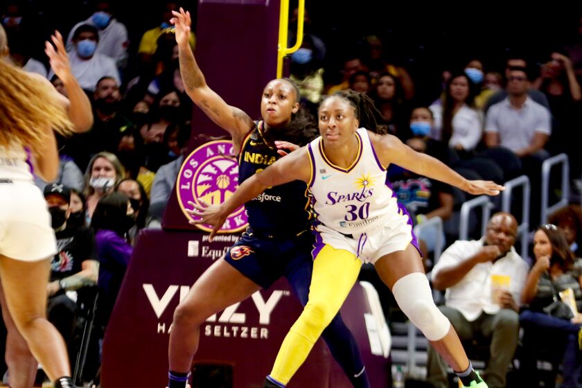 Sparks forward Nneka Ogwumike sets up in the post against the Fever on Aug. 15, 2021, at Staples Center.