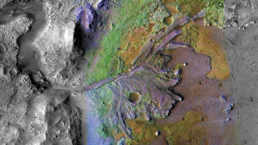 Water-carved channels and transported sediments form fans and deltas within lake basins on ancient Mars. The image combines information from two instruments on NASA's Mars Reconnaissance Orbiter, the Compact Reconnaissance Imaging Spectrometer for Mars and the Context Camera.