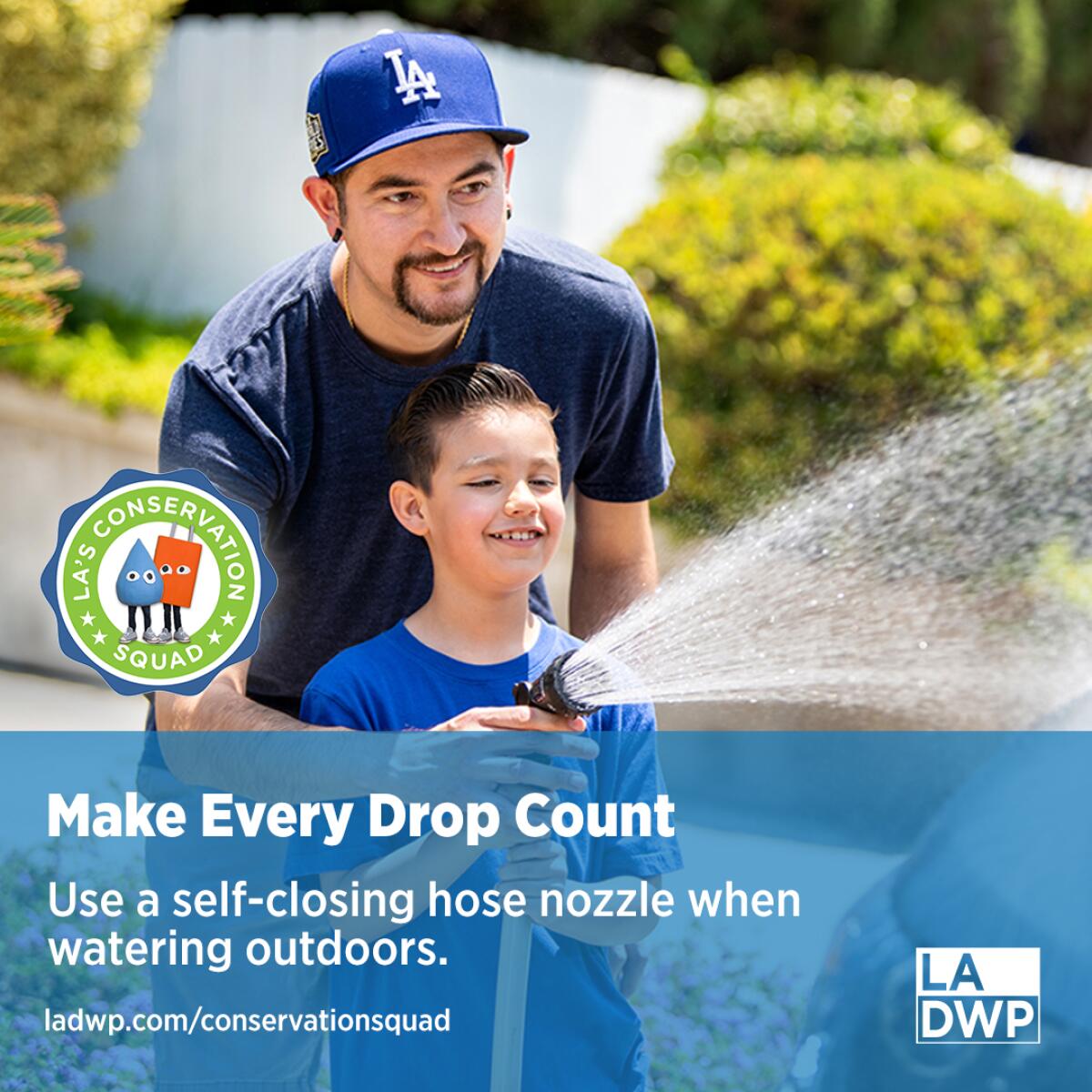 A graphic shows a father and son smiling as they wash a car.