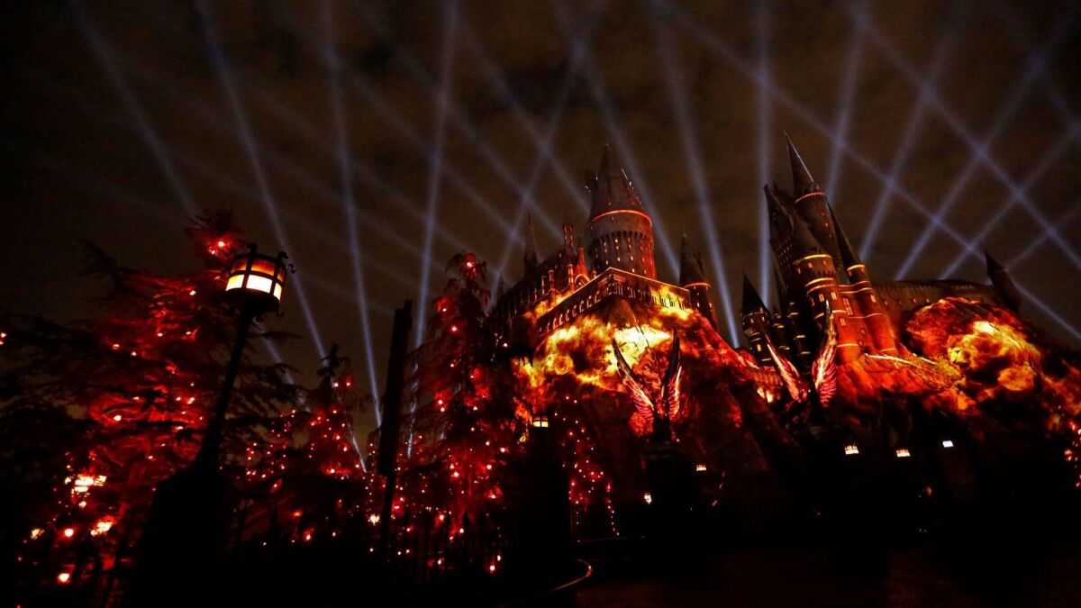 Universal Studios Hollywood provides a preview of the new spectacle the Nighttime Lights at Hogwarts Castle, coming to the park June 23 with music by John Williams.
