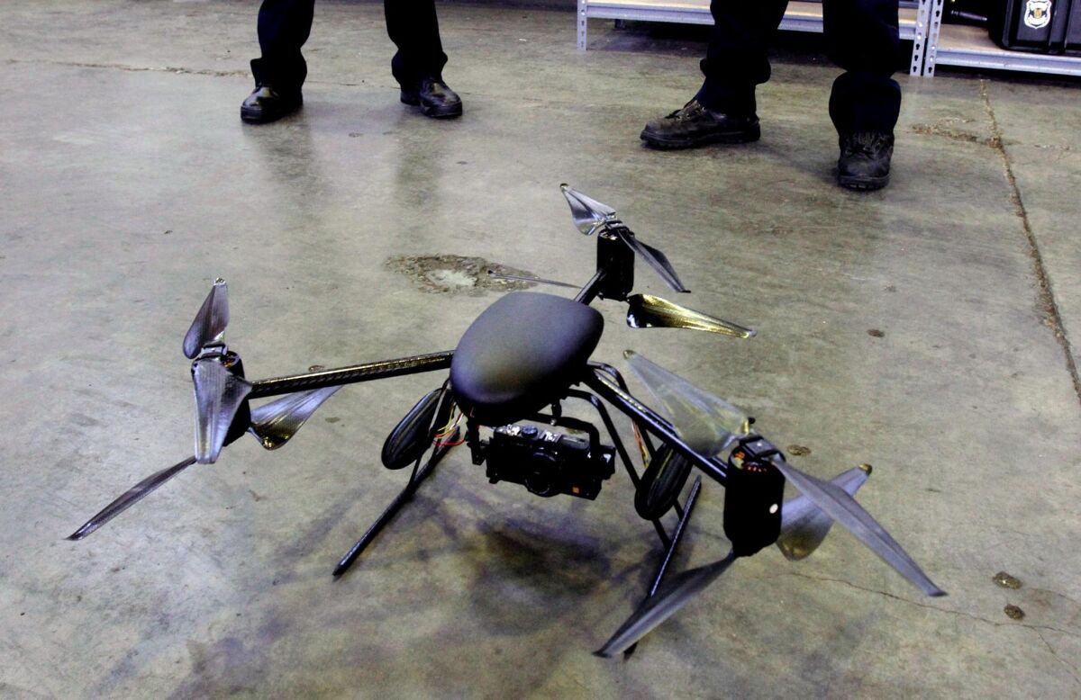 The Seattle Police Department recently gave two Draganflyer X6 aircraft to the LAPD. The drone pictured above is the same model of two currently housed in a Department of Homeland Security basement until the LAPD has a policy in place to use them.