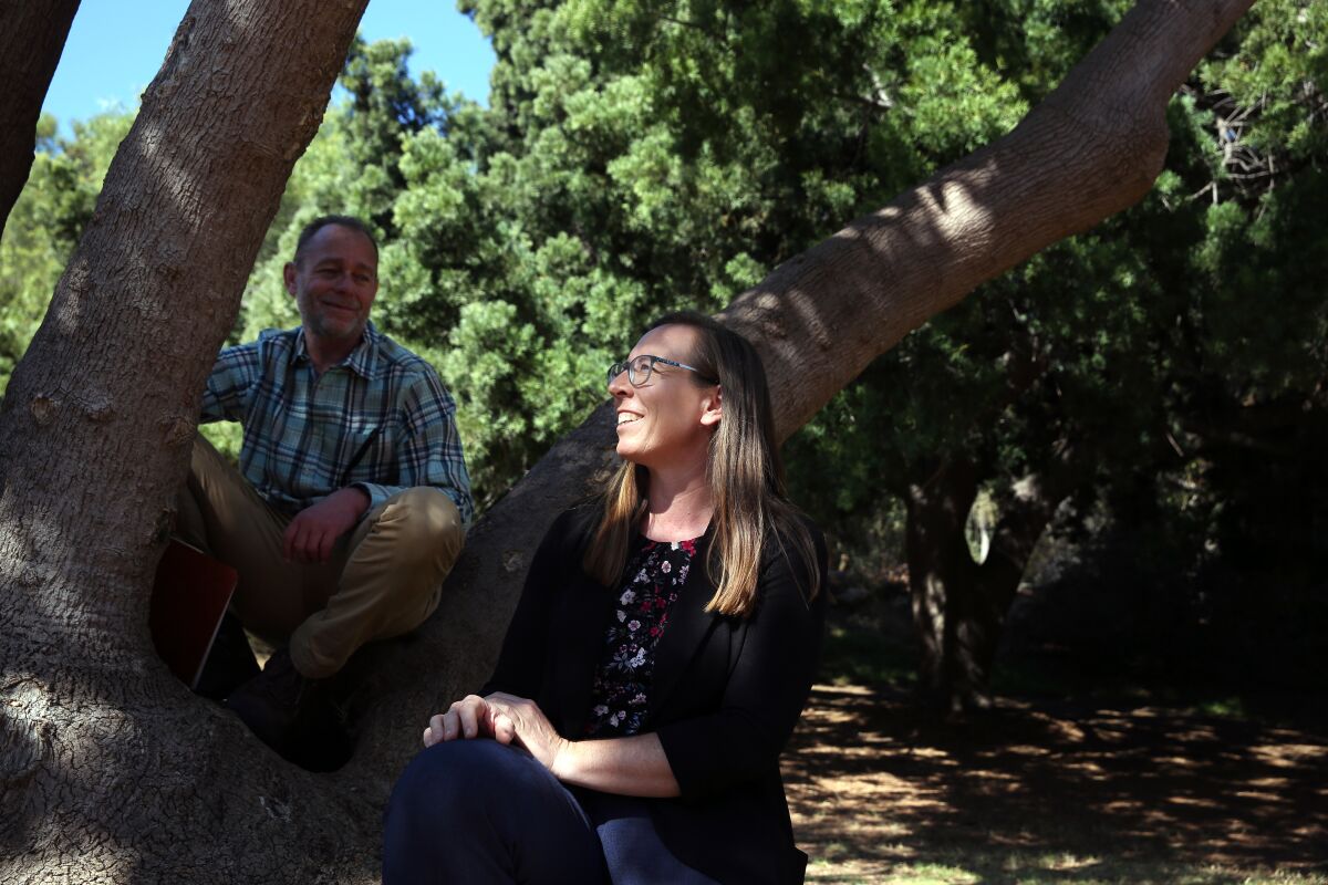L.A.'s first forest officer Rachel Malarich, right, and Los Angeles city tree surgeon Leon Boroditsky , left, at Chavez Ravine Arboretum in Elysian Park.