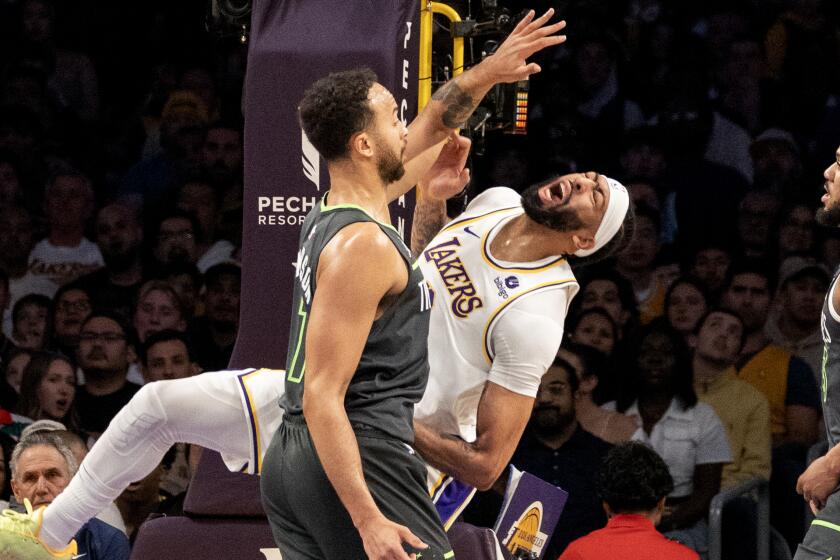 LOS ANGELES, CA - APRIL 7, 2024: Los Angeles Lakers forward Anthony Davis (3) reacts.