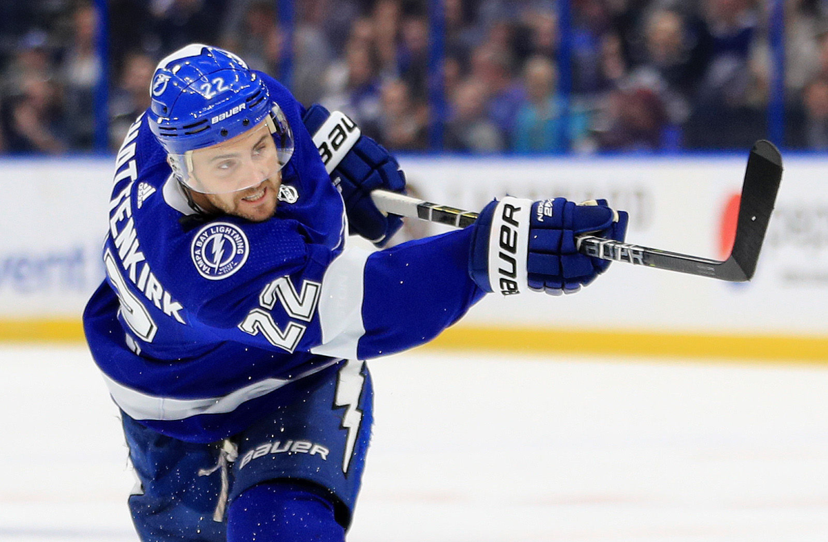 Tampa Bay Lightning defenseman Kevin Shattenkirk shoots the puck.