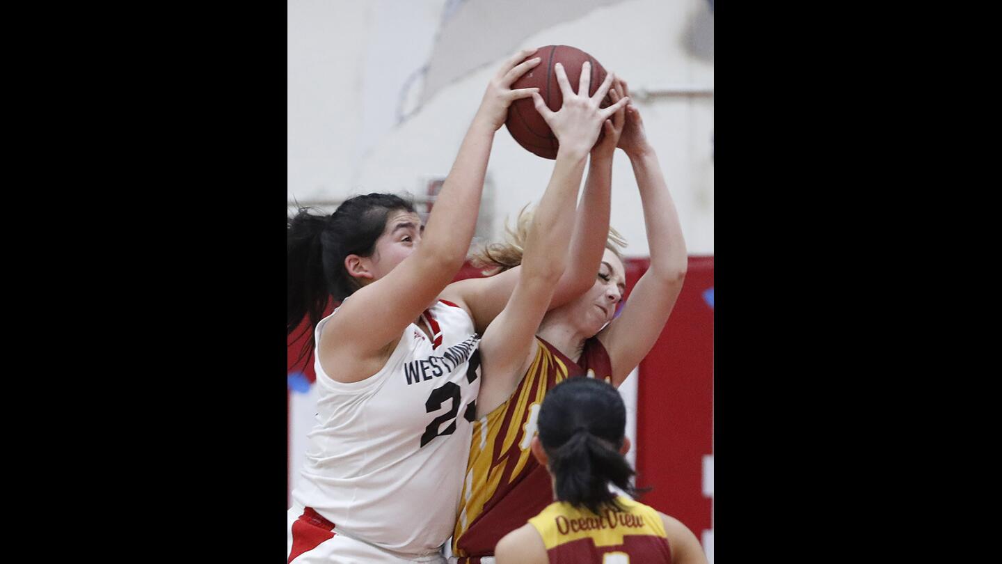Ocean View vs. Westminster in a girls' basketball game