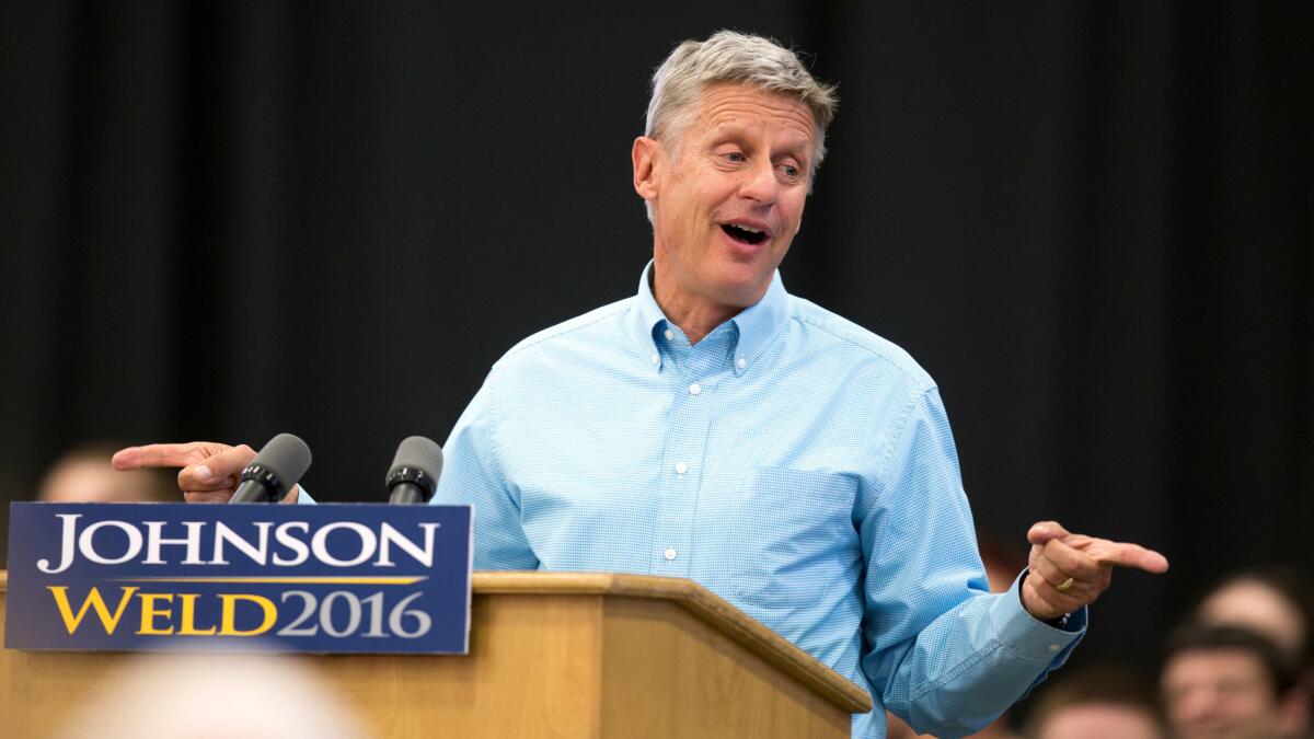 Libertarian presidential candidate Gary Johnson speaks during a campaign rally in Des Moines, Iowa on Sept. 3.