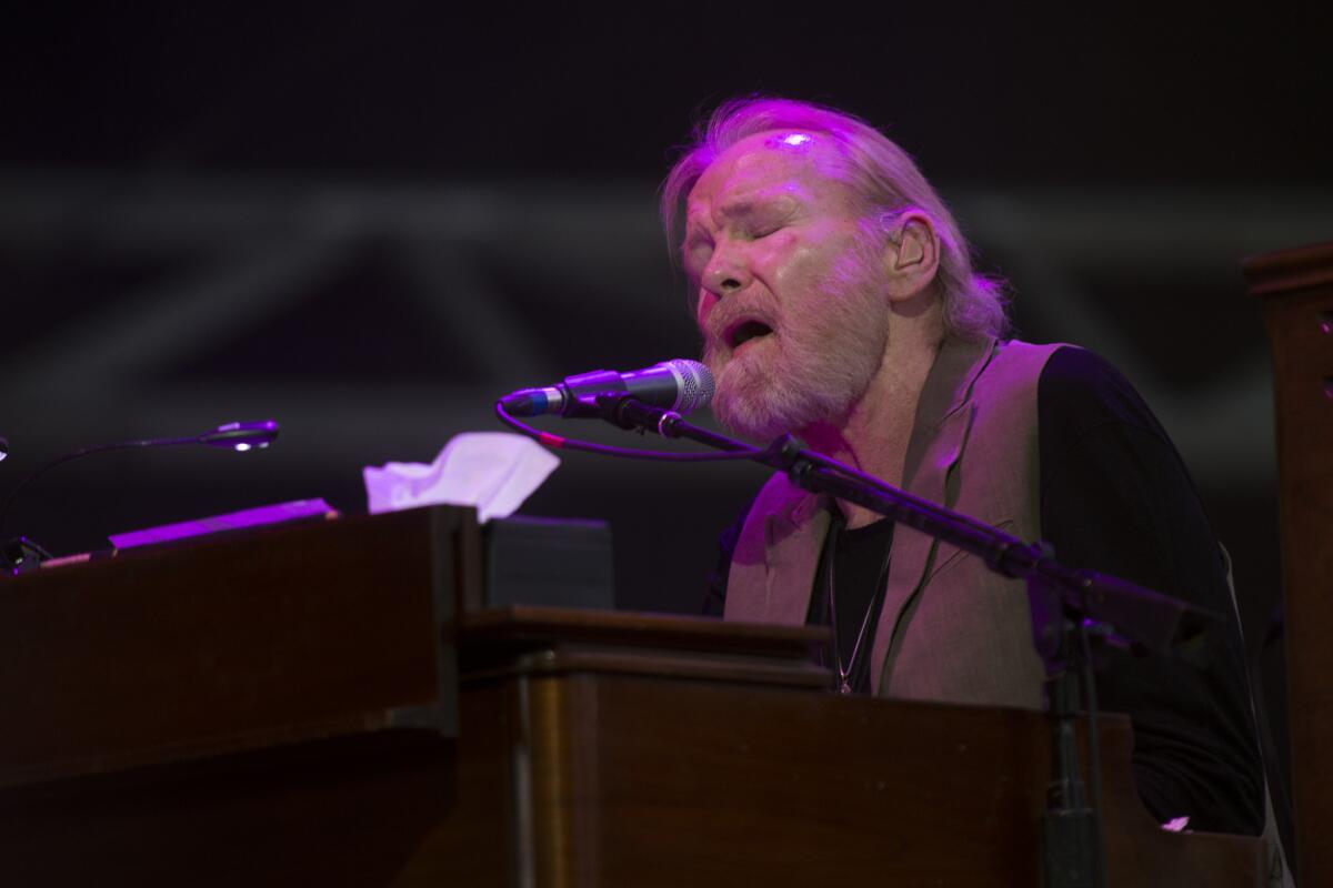 Gregg Allman, shown at the Stagecoach Country Music Festival in Indio last year, was not aboard a tour bus that crashed Tuesday in West Virginia, injuring three production crew members.