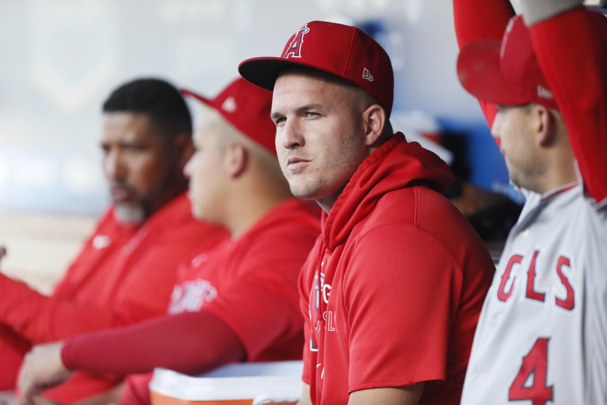 Mike Trout looks over from the dugout before a game against the Dodgers on Aug. 7.