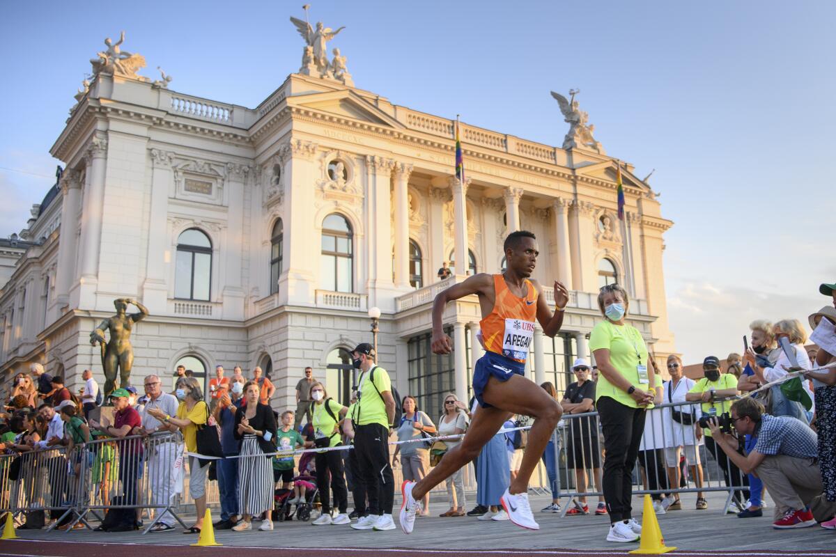Berihu Aregawi of Ethiopia competes in 5000m Men during the city event of the Weltklasse IAAF Diamond League international athletics meeting in Zurich, Switzerland, Wednesday, Sept. 8, 2021. (Jean-Christophe Bott/Keystone via AP)