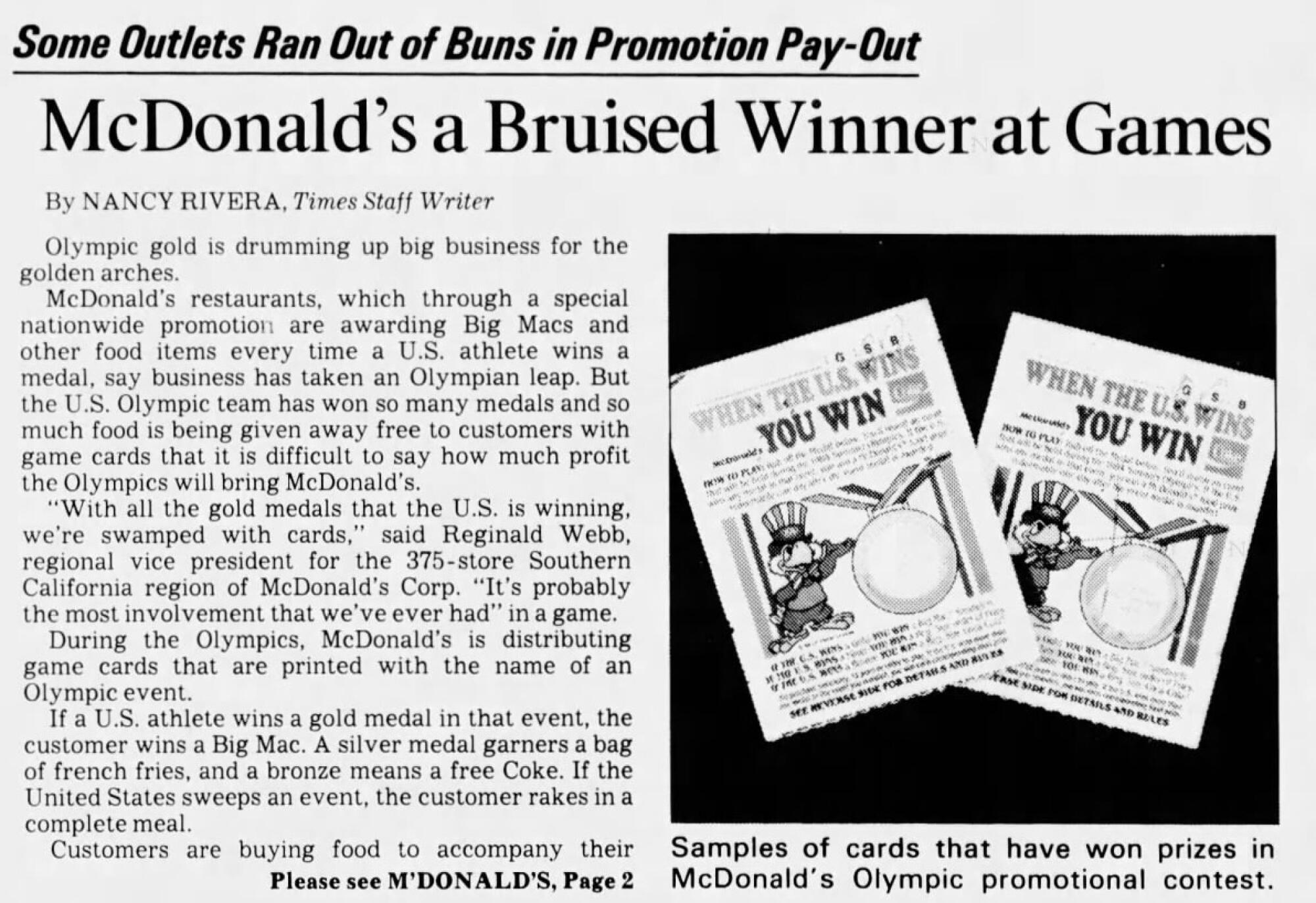 Headline: Some outlets ran out of buns in promotion pay-out. McDonald's a bruised winner at Games