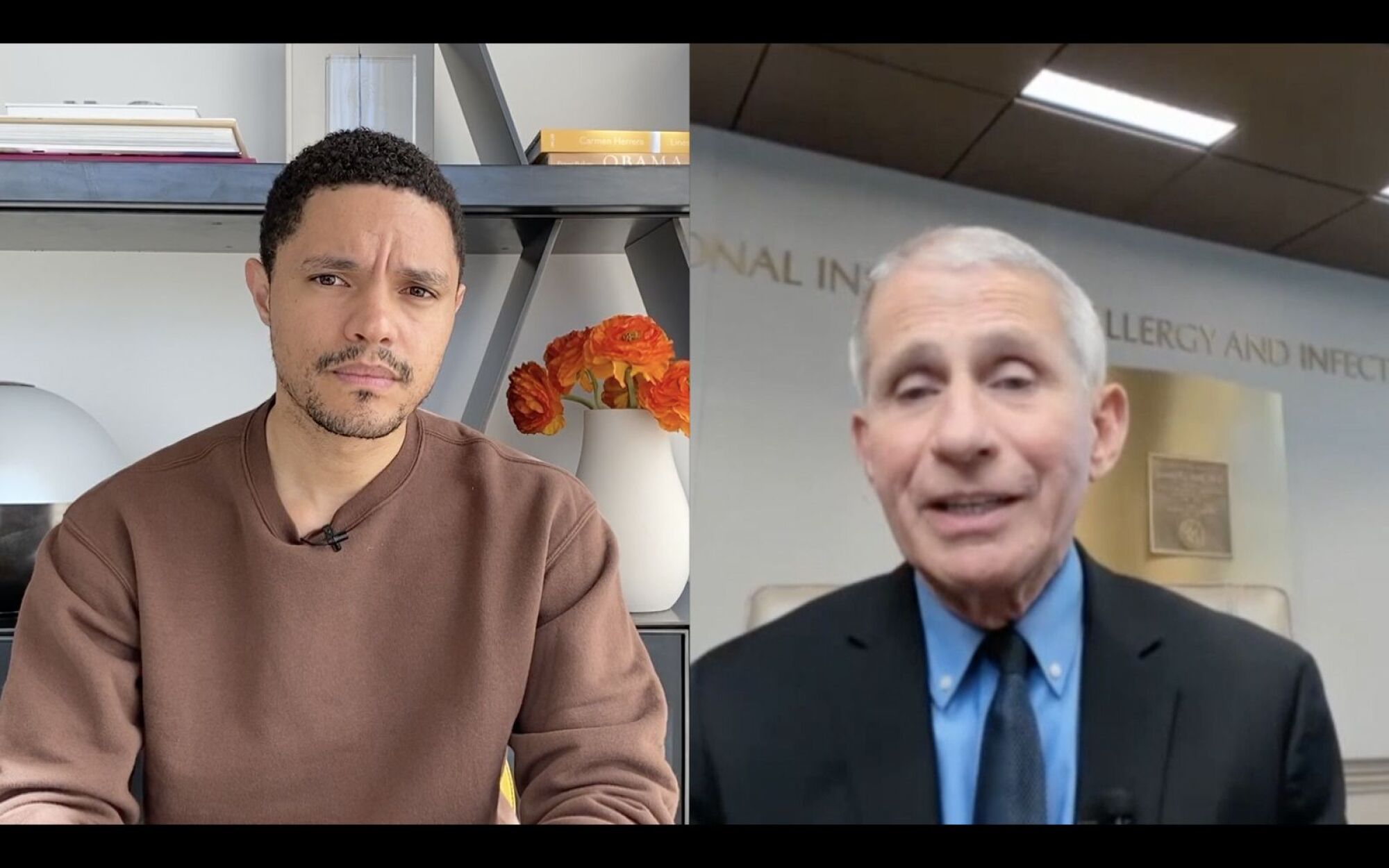 Trevor Noah talks with Anthony Fauci on “The Daily Show.” 