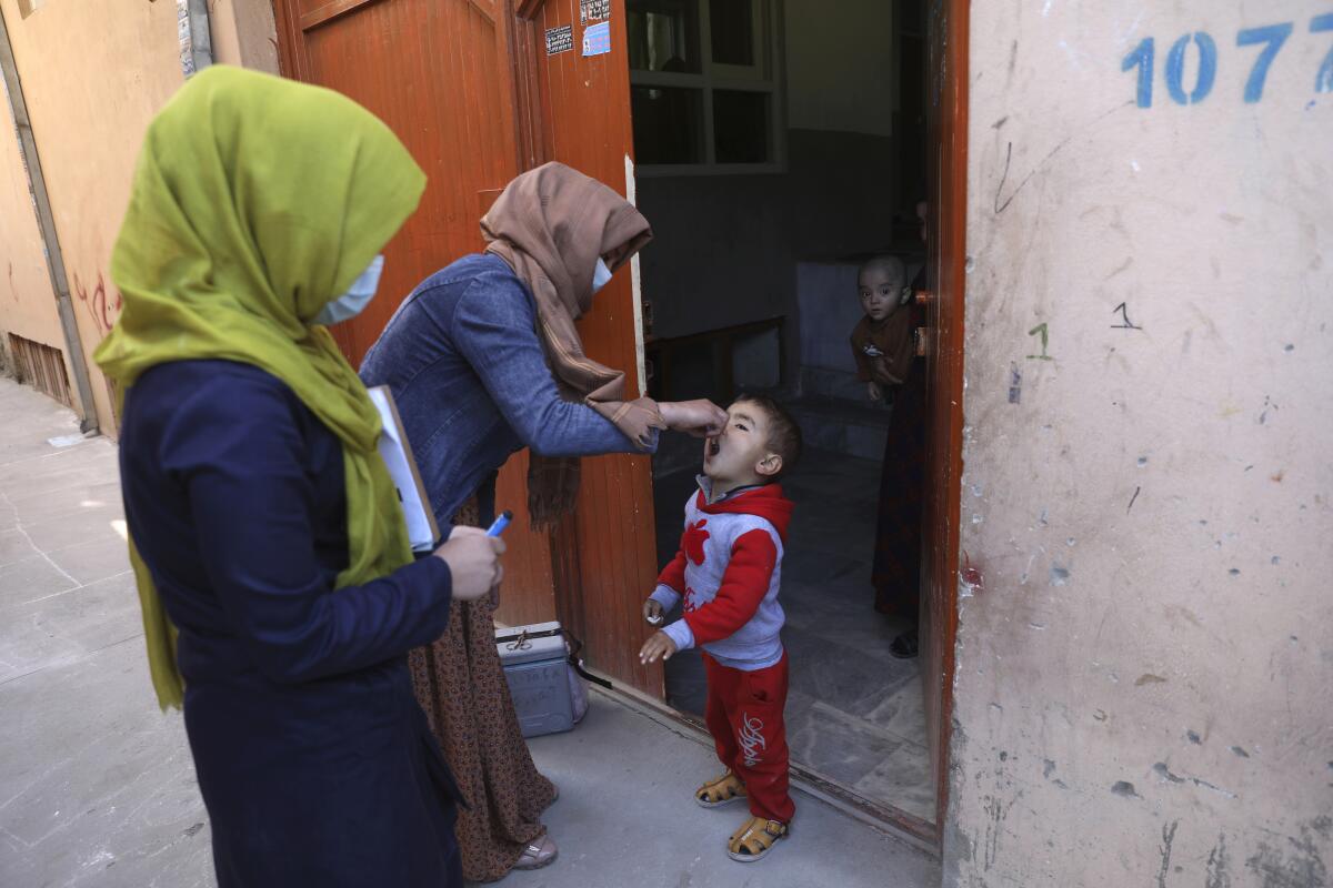 Health workers administer drop polio vaccine into a child's mouth in Kabul, Afghanistan