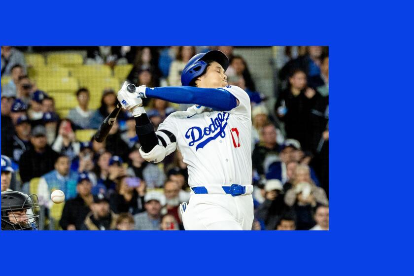 LOS ANGELES, CA - APRIL 1, 2024: Shohei Othani follows through on a swing during a game against the Cardinals on Monday at Dodger Stadium on April 1, 2024 in Los Angeles, California.(Gina Ferazzi / Los Angeles Times)