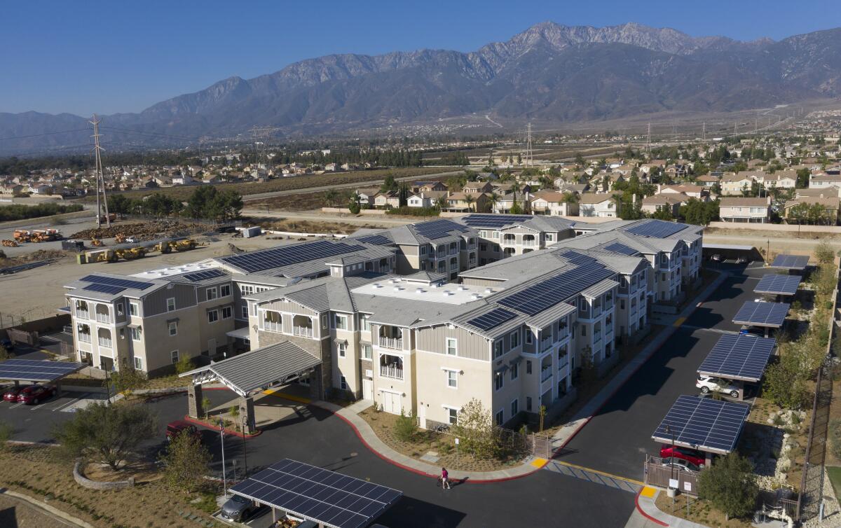 An aerial view of Day Creek Villas, a zero-net-energy senior housing development in Rancho Cucamonga.