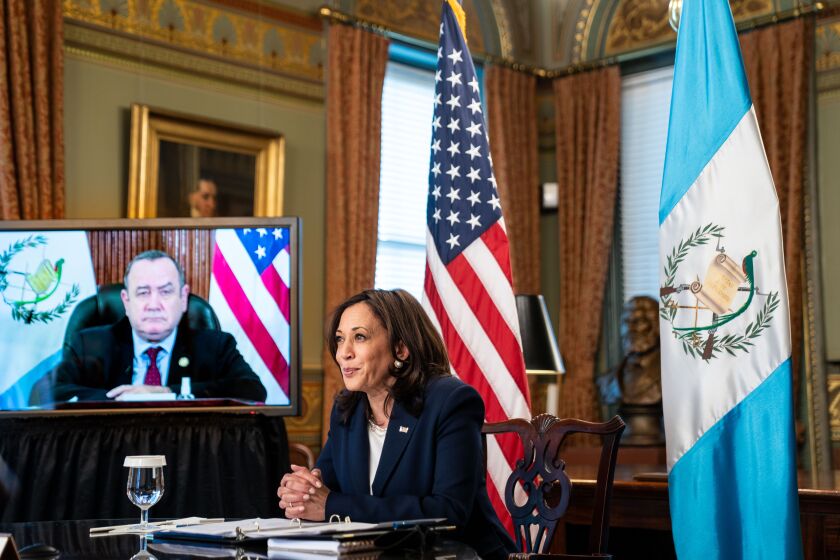 WASHINGTON, DC - APRIL 26: Vice President Kamala Harris holds a virtual bilateral meeting with His Excellency Alejandro Giammattei, President of the Republic of Guatemala in the Vice President's Ceremonial Office in the Eisenhower Executive Office Building on Monday, April 26, 2021 in Washington, DC. (Kent Nishimura / Los Angeles Times)