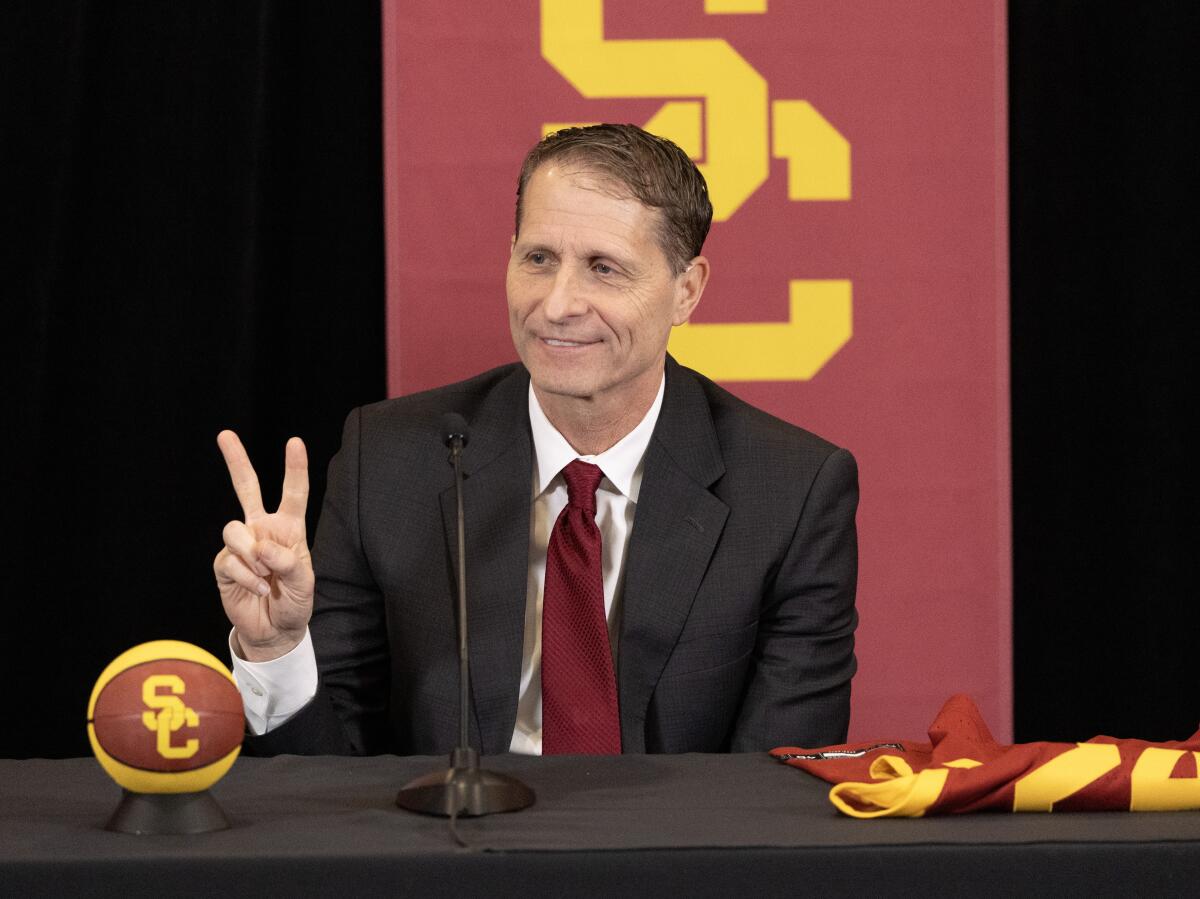 USC men's basketball coach Eric Musselman takes part in his introductory news conference at Galen Center.