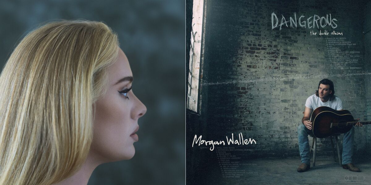 This combination of album covers shows "30" by Adele, left, and “Dangerous: The Double Album,” by Morgan Wallen. Adele’s album “30” recorded the highest album sales debut in four years and Wallen’s “Dangerous: The Double Album” ended 2021 as both the top country album of the year and the most popular album across all genres, with 3.2 million equivalent album units earned during the year. (Columbia Records, left, and Big Loud Records-Republic Records via AP)