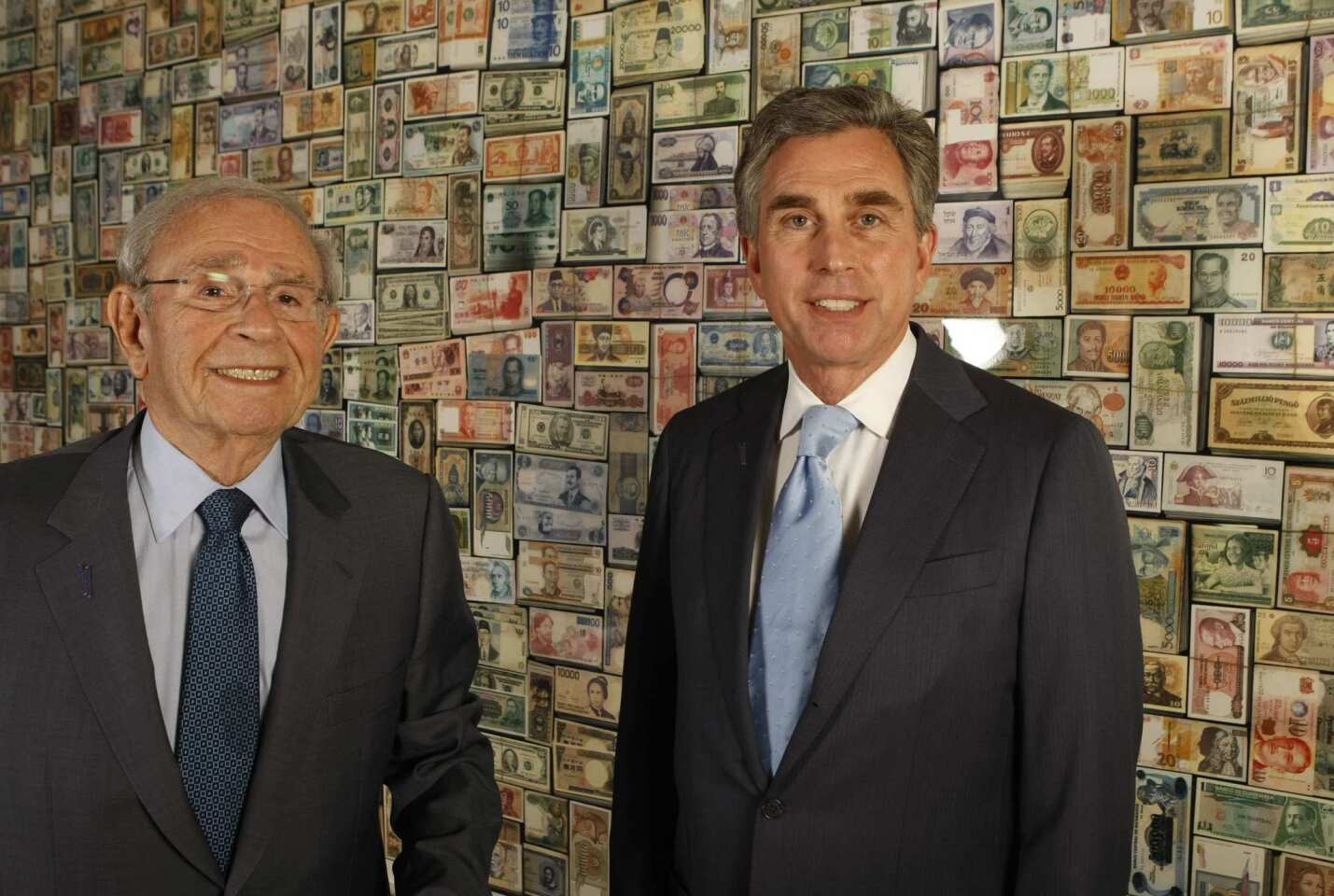 Bram Goldsmith, left, has seen it all at City National Bank. Son-in-law of a founder, he was a client in the 1950s, joined the board in 1964 and became chief executive in 1975. Son Russell Goldsmith, right, became CEO in 1995.