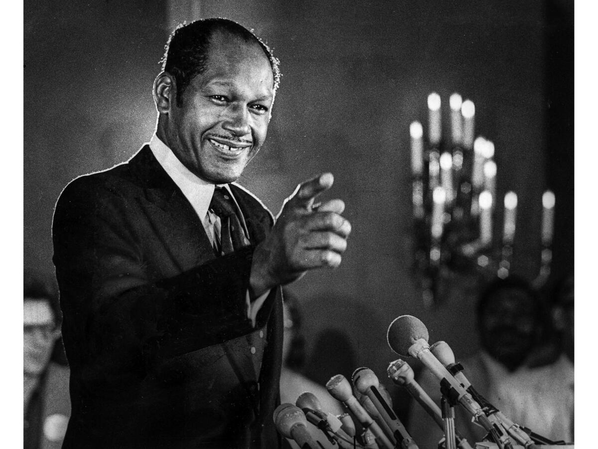 May 30, 1973: A beaming Tom Bradley takes a question at a news conference on day after his trumph of Sam Yorty in race for Los Angeles Mayor.