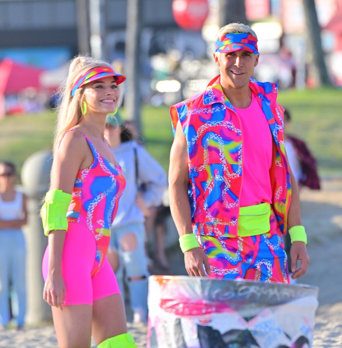 Margot Robbie and Ryan Gosling show off their Venice Beach looks on the set of "Barbie."