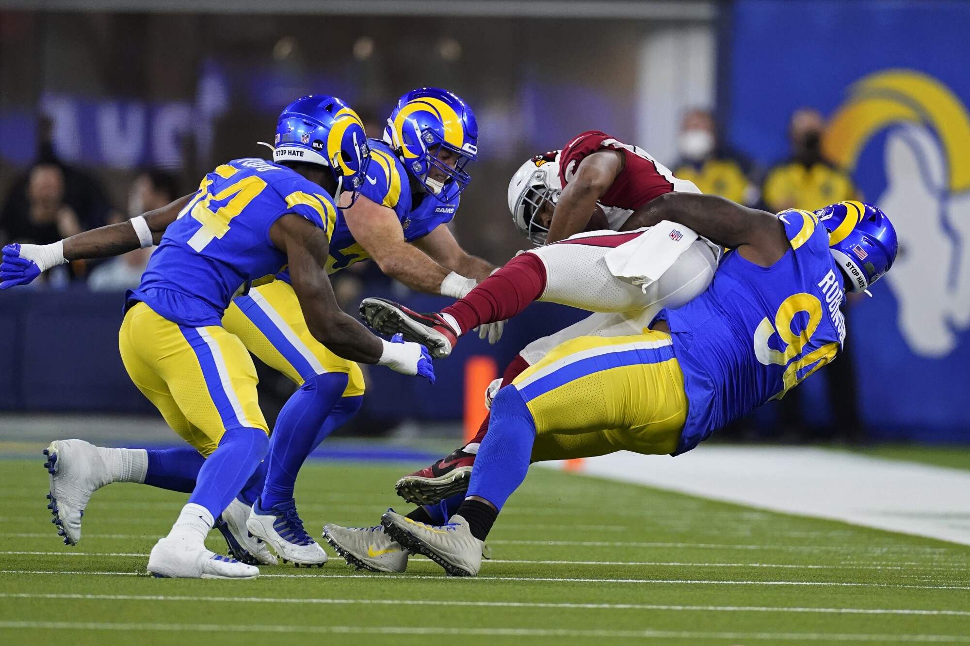 Los Angeles Rams defensive end A'Shawn Robinson (94) tackles Arizona Cardinals.
