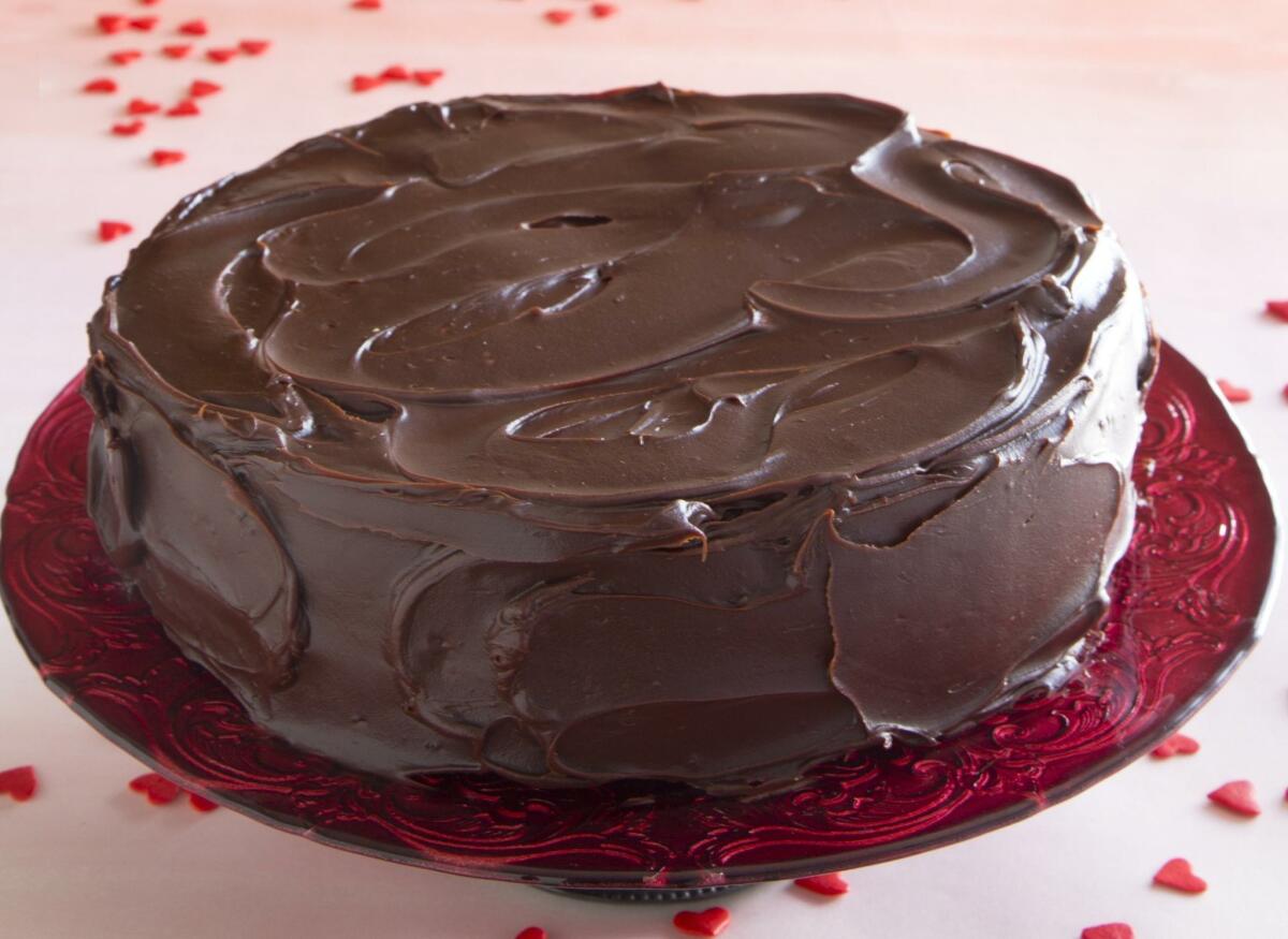 Jill O’Connor’s Devil’s Food Cake with Deep, Dark Chocolate-Caramel Ganache Frosting. — Howard Lipin