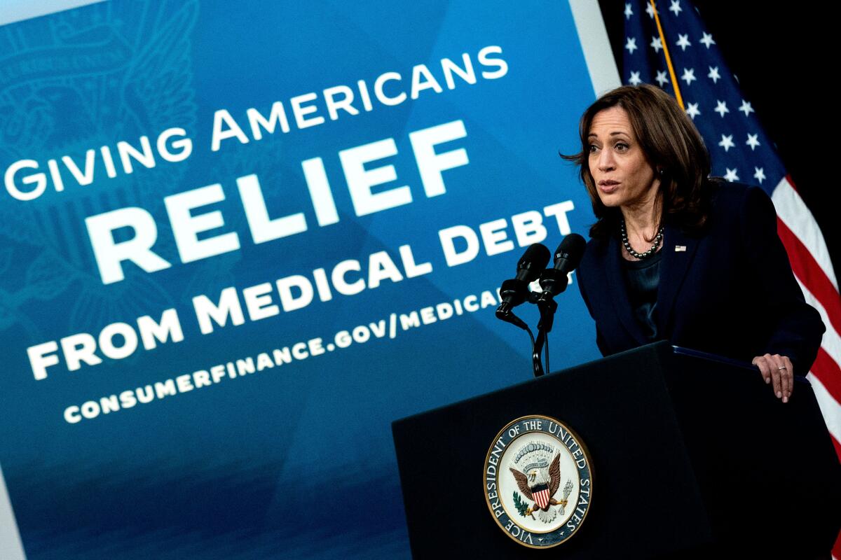 Vice President Kamala Harris speaks about medical debt relief near the White House on April 11, 2022. 