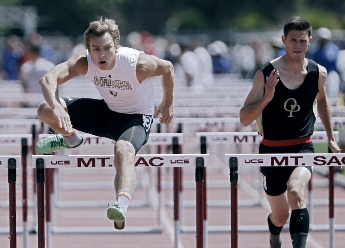 St. Francis hurdler Caleb Simmeth, left, advanced to the CIF Southern Section Masters Meet.