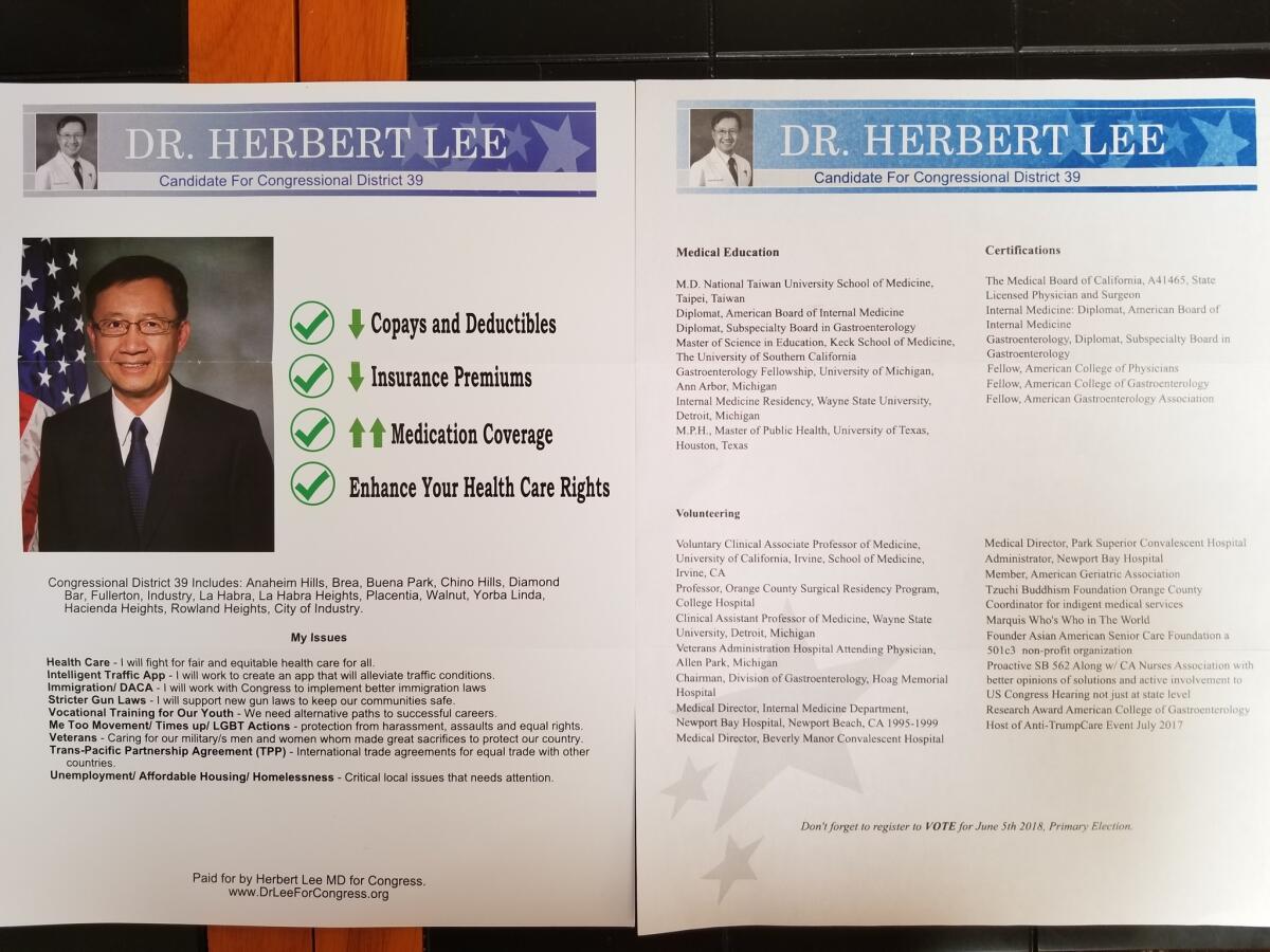 Mailers sent to voters by Herbert H. Lee, a candidate for Congress.