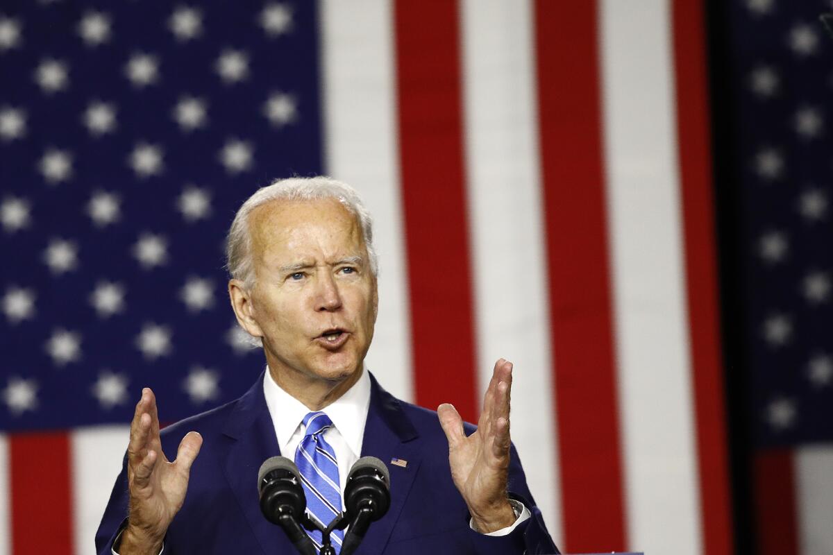Joe Biden speaks during a campaign event Tuesday in Wilmington, Del.