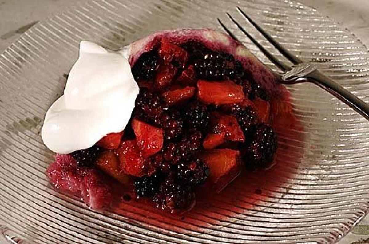 California Summer Pudding, made with fresh peaches and blackberries.