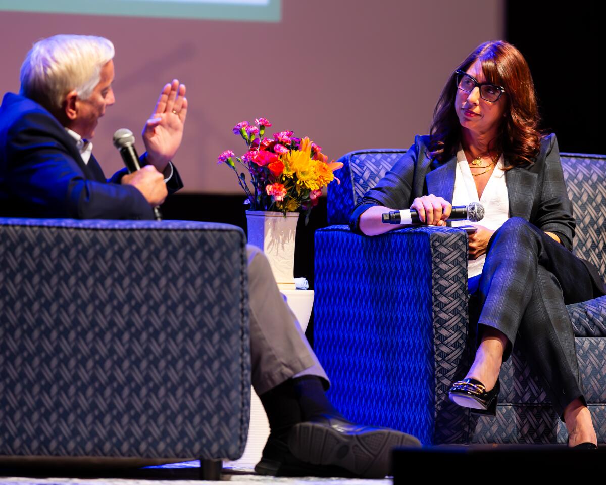 Walter Isaacson (left) discusses "Elon Musk" with Times columnist Anita Chabria at L.A. Times Book Club