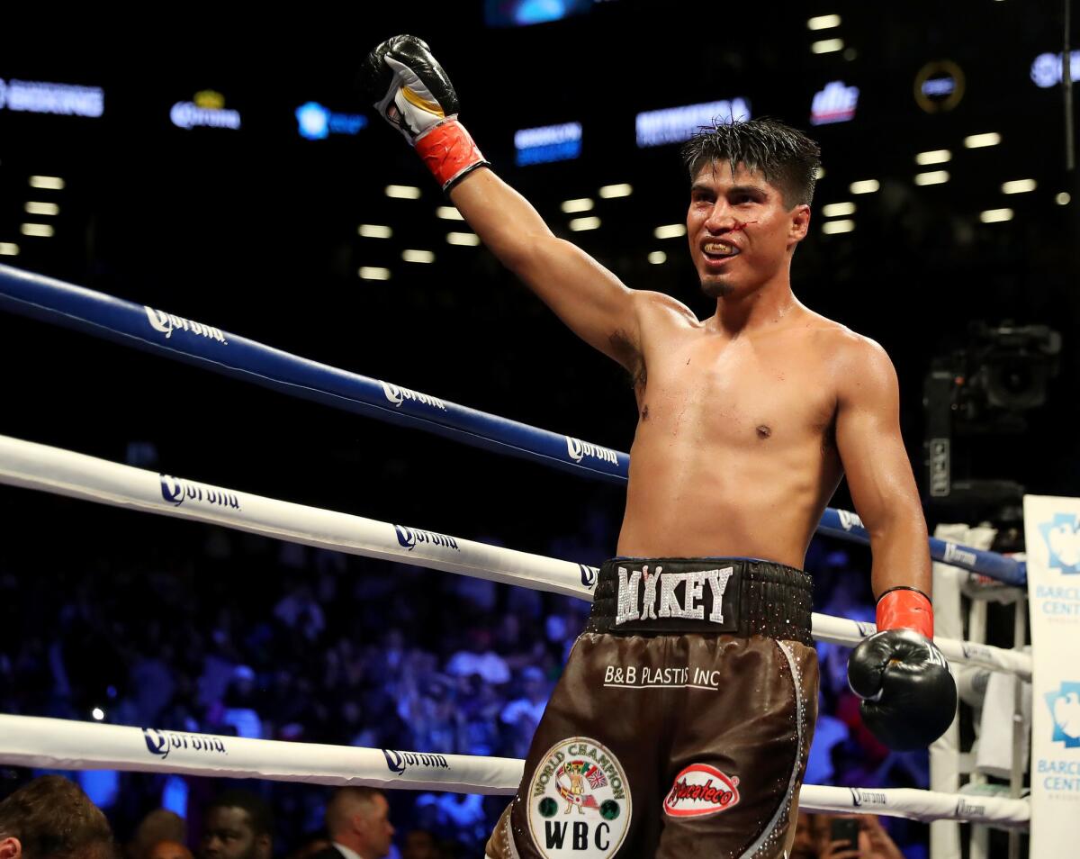 Mikey Garcia celebrates his 12 round win over Adrien Broner during their Junior Welterwight bout on July 29, 2017 at the Barclays Center in the Brooklyn borough of New York City.