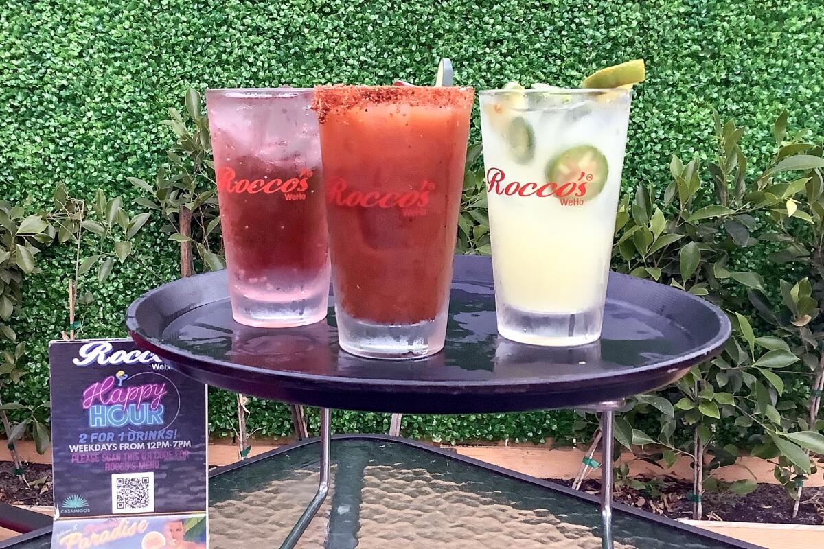 A few of the many colorful cocktails available during Happy Hour at Rocco's WeHo.