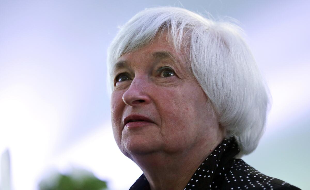 Federal Reserve Chairwoman Janet L. Yellen said Monday that "recent signs of a slowdown in job creation bear close watching."