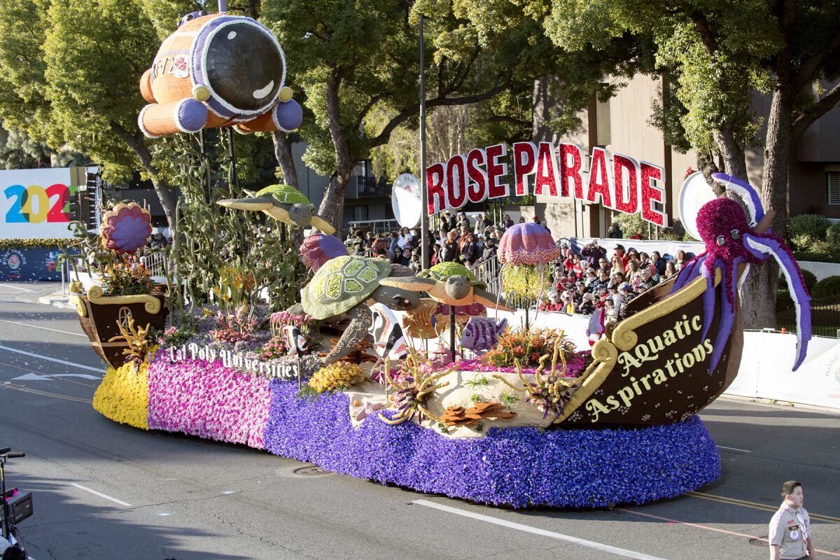 The 2020 Cal Poly Universities Rose Parade float "Aquatic Aspirations"
