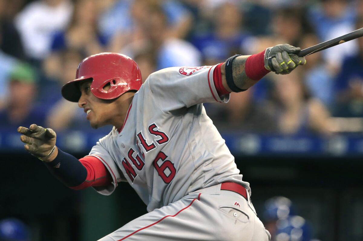 Yunel Escobar bats for the Angels on July 27.