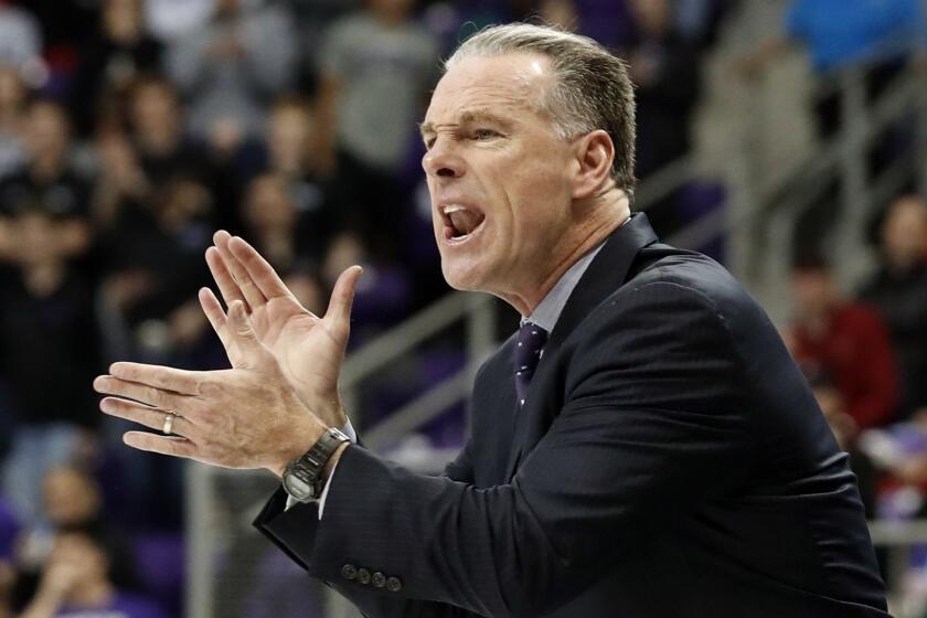 TCU head coach Jamie Dixon instructs his team in the second half of an NCAA college basketball game against Texas Tech in Fort Worth, Texas, Saturday, March 2, 2019. (AP Photo/Tony Gutierrez)