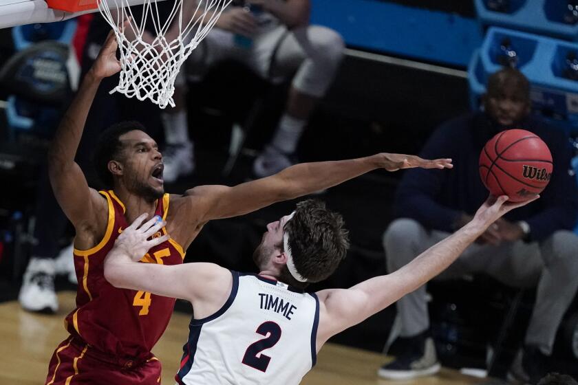 Gonzaga forward Drew Timme (2) shoots over Southern California forward Evan Mobley (4) during the second half.