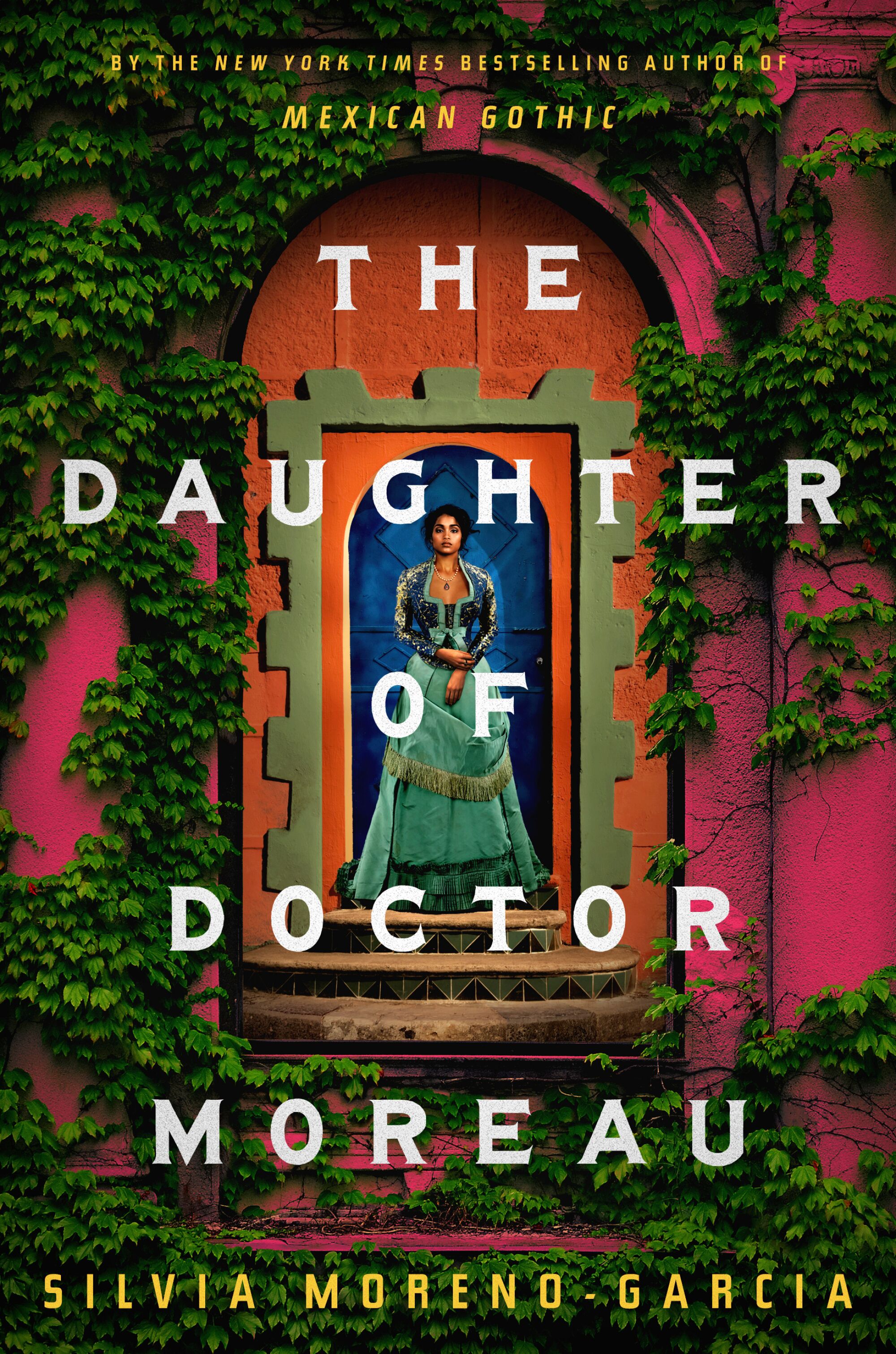 Book cover with a woman in a gown standing in an arched doorway