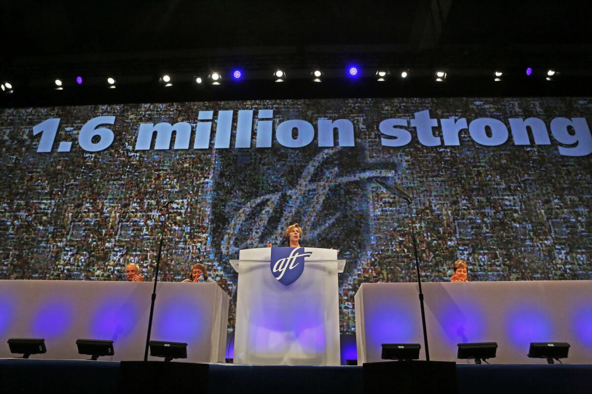 Randi Weingarten, president of the American Federation of Teachers--one of the defendants in the Bain lawsuit--speaks before the AFT 2014 convention in Los Angeles in July.