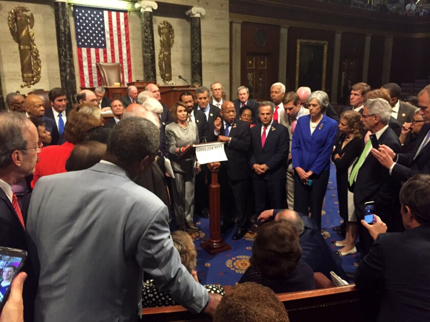 A photo obtained from the Twitter account of Representative Joe Kennedy III (D-MA), shows House Democrats holding a sit-in to call for a vote on stricter gun control laws at the Capitol in Washington, DC.